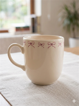 Pembe Kurdele Krem Juno Kupa -Hediyelik Kupa Fincan Mug