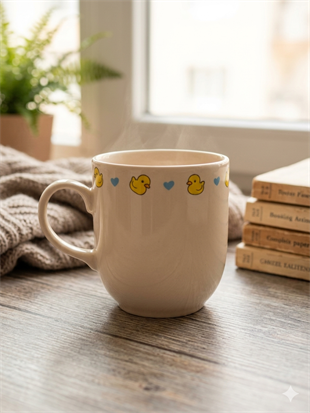Sevimli Ördek Krem Juno Kupa -Hediyelik Kupa Fincan Mug