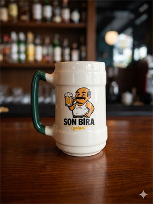 Son Bira (Yalan) 02 El Yapımı Krem Parlak Bira Bardağı (Yeşil Kulp)