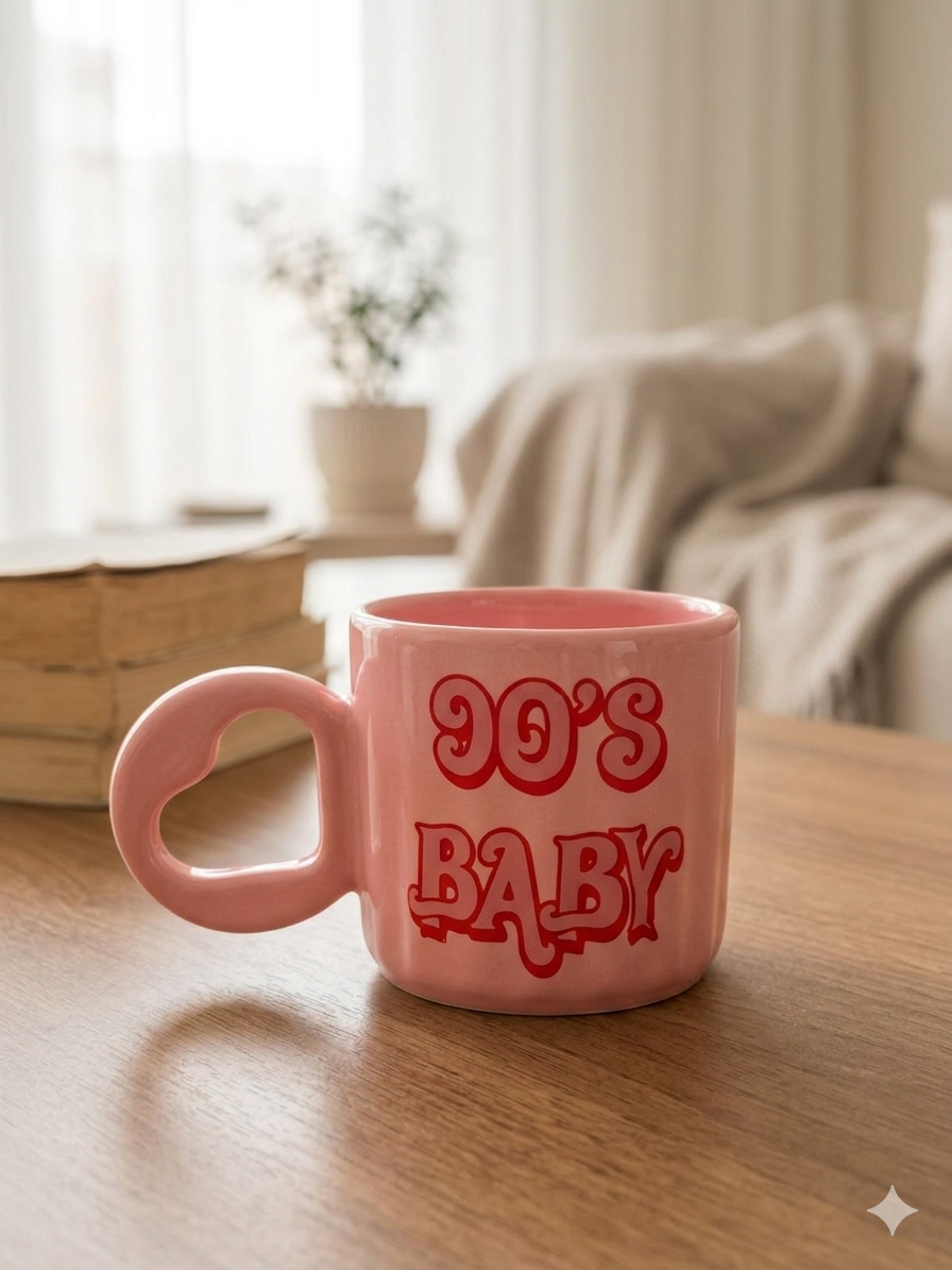 90'Baby Tasarımlı El Yapımı Pembe Parlak Eros Kupa - El İşçiliği Hediyelik Kupa Bardak