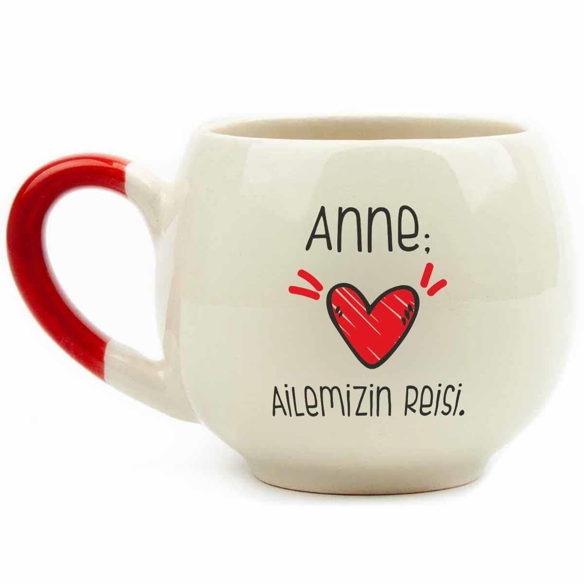Anne, Ailemizin Reisi Krem Parlak Balon Kupa (Kırmızı Kulp) - Hediye Seramik Kupa