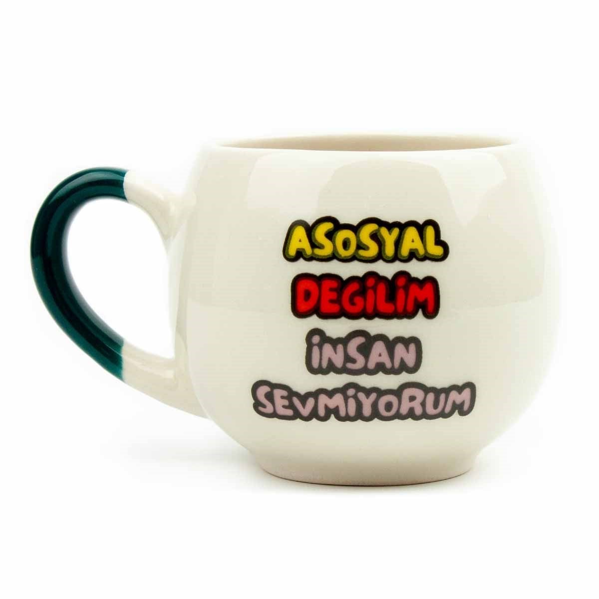 Asosyal Değilim İnsan Sevmiyorum Krem Parlak Balon Kupa (Yeşil Kulp) - Hediye Seramik Kupa