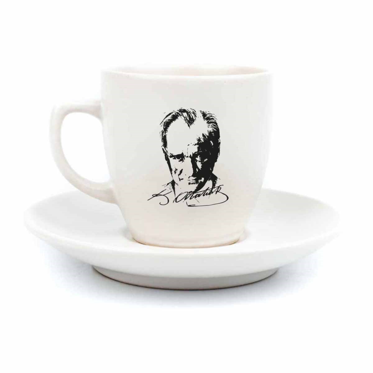 Atatürk Portre Krem Türk Kahvesi Fincanı - Hediye Seramik Türk Kahvesi Fincanı