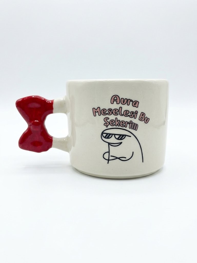 Aura Meselesi Bu Şekerim El Yapımı Krem Parlak Kurdele Kulp Kupa - El İşçiliği Hediyelik Kupa Bardak Mug