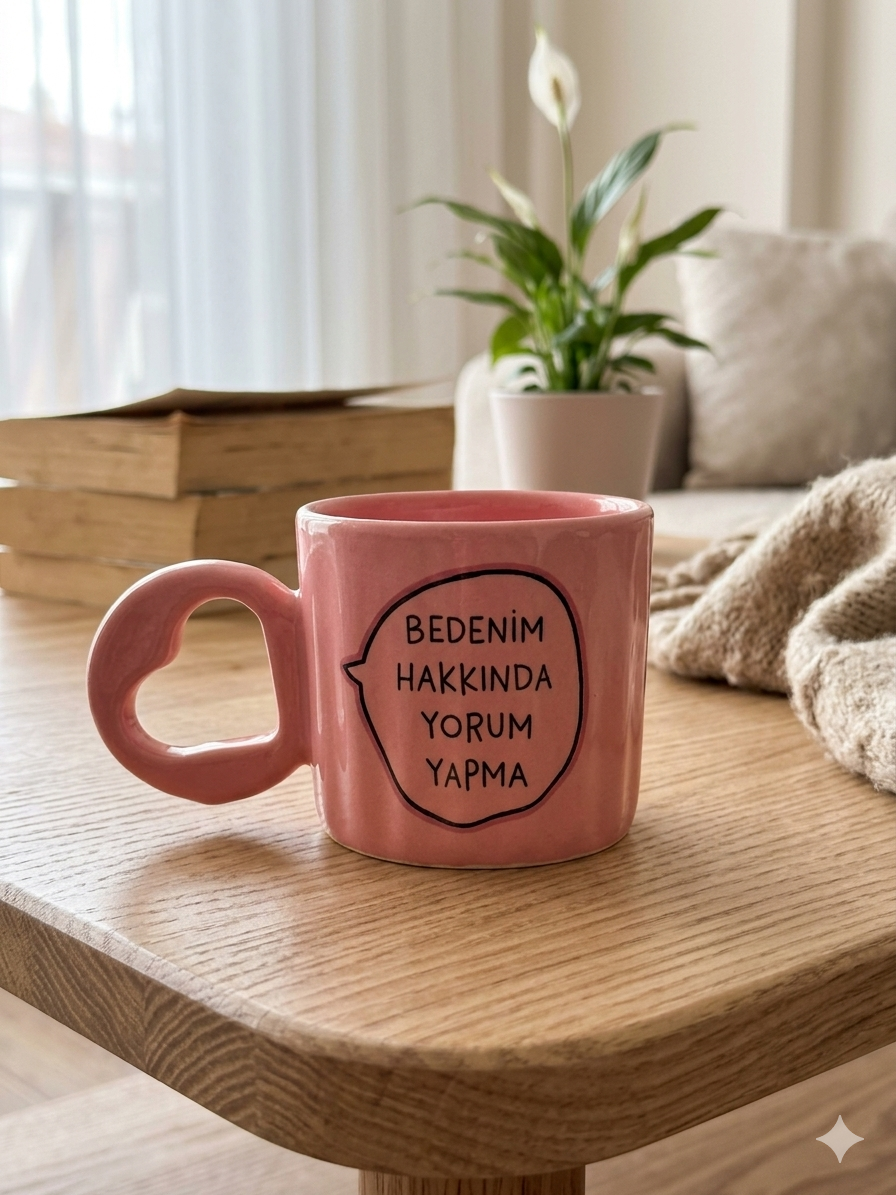 Bedenim Hakkında Yorum Yapma Baskılı El Yapımı Pembe Parlak Eros Kupa - El İşçiliği Hediyelik Kupa Bardak