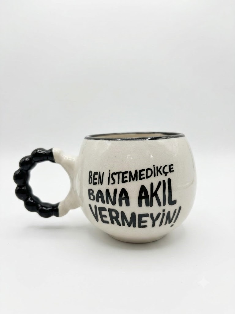 Ben İstemedikçe Bana Akıl Vermeyin! El Yapımı Krem Parlak Puf Kupa - El İşçiliği Hediyelik Kupa Bardak Mug
