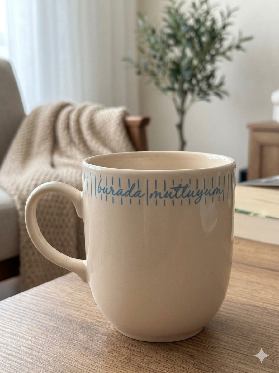 Burada Mutluyum Krem Juno Kupa -Hediyelik Kupa Fincan Mug