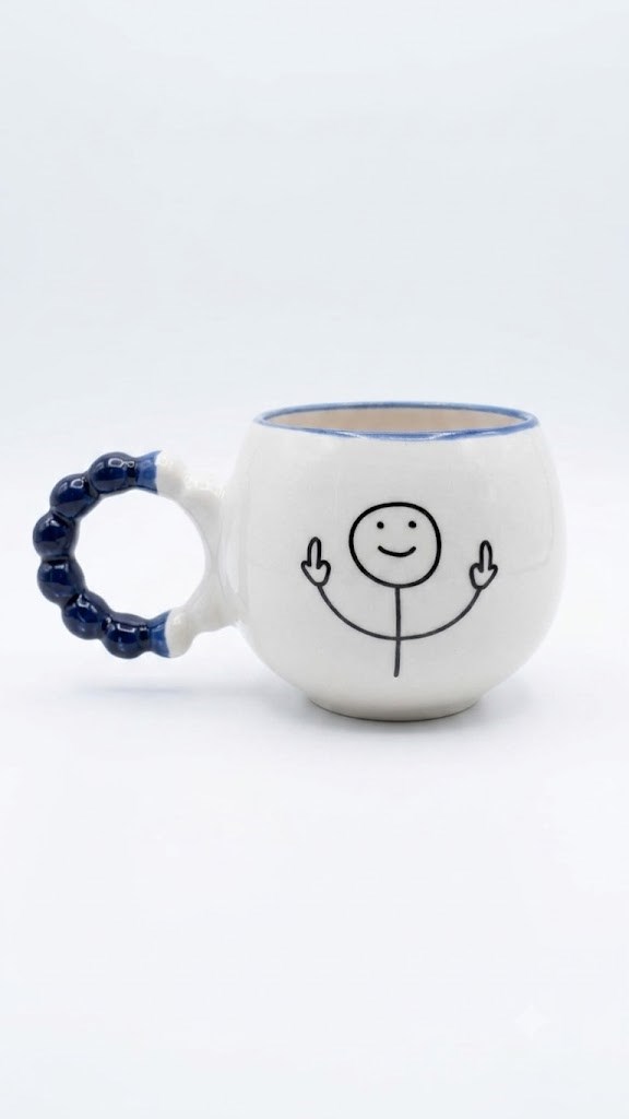 Çöp Adam El Yapımı Krem Parlak Puf Kupa - El İşçiliği Hediyelik Kupa Bardak Mug