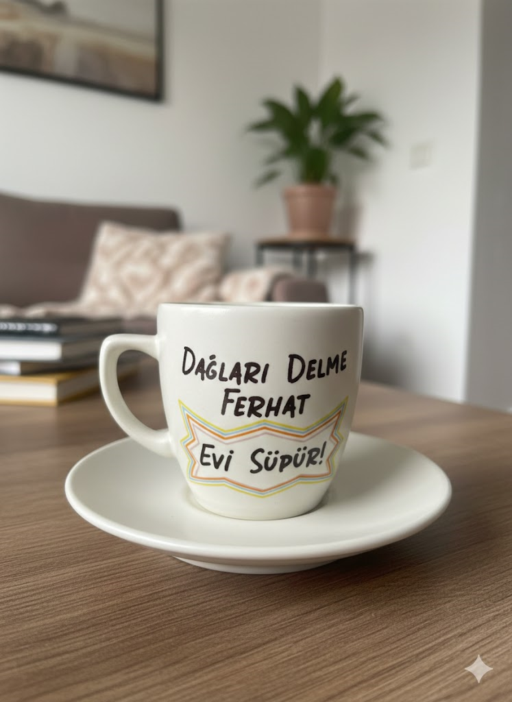Dağları Delme Ferhat Evi Süpür Krem Türk Kahvesi Fincanı - Hediye Seramik Türk Kahvesi Fincanı