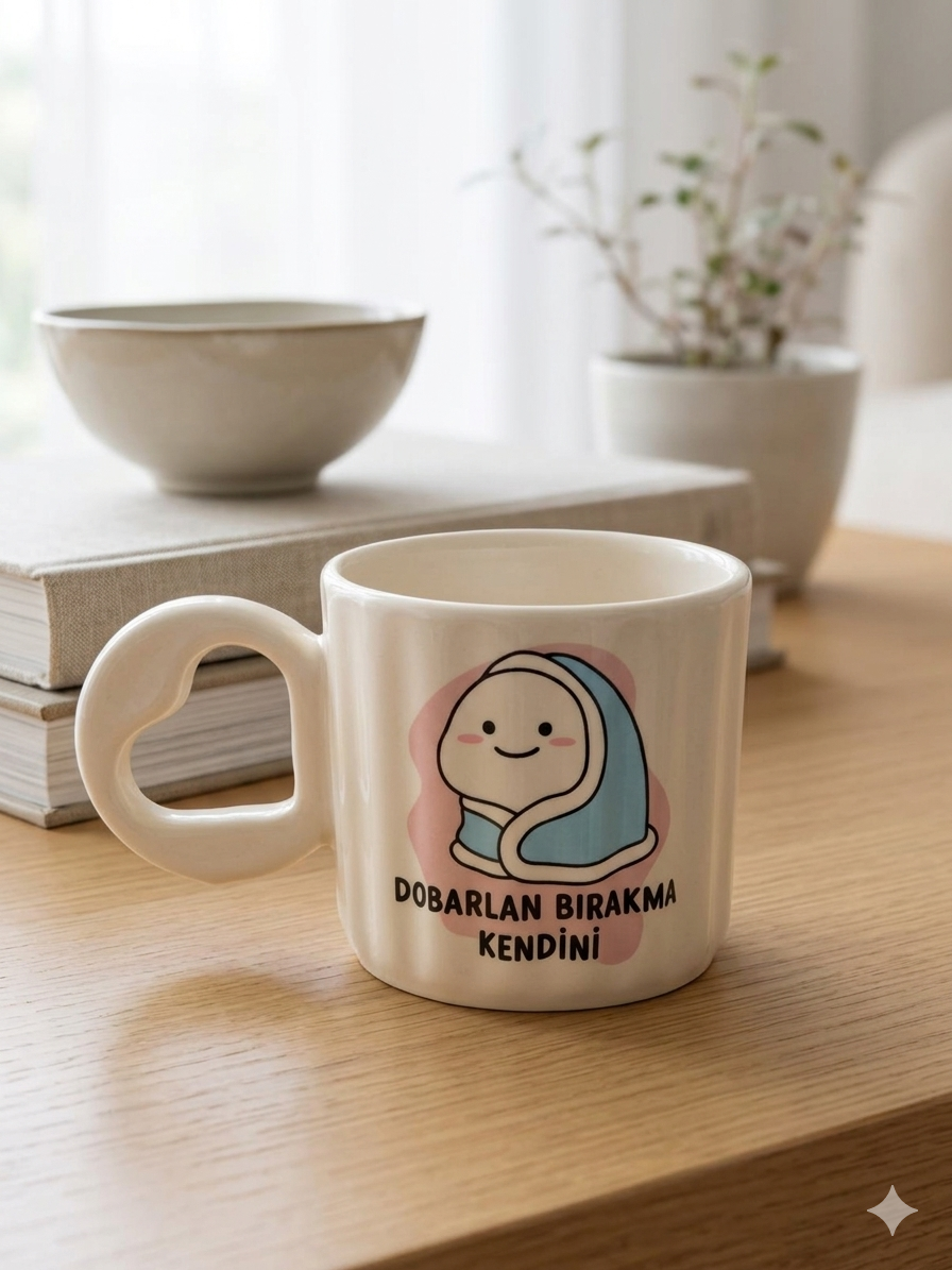 Dobarlan Baskılı El Yapımı Krem Parlak Eros Kupa - El İşçiliği Hediyelik Kupa Bardak