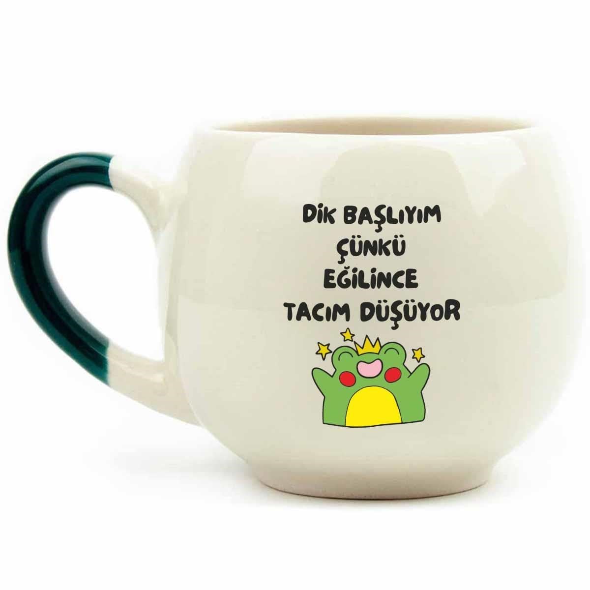 Eğilince Tacım Düşüyor Krem Parlak Balon Kupa (Yeşil Kulp) - Hediye Seramik Kupa