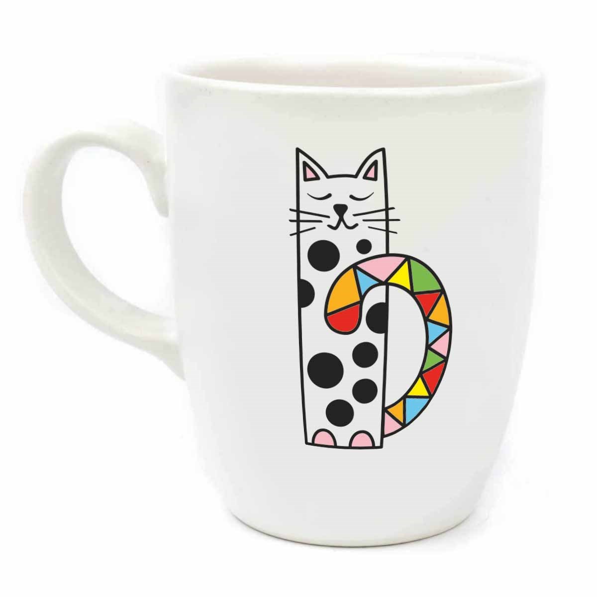 Etnik Kedi Krem Oval Kupa - Hediye Seramik Kupa