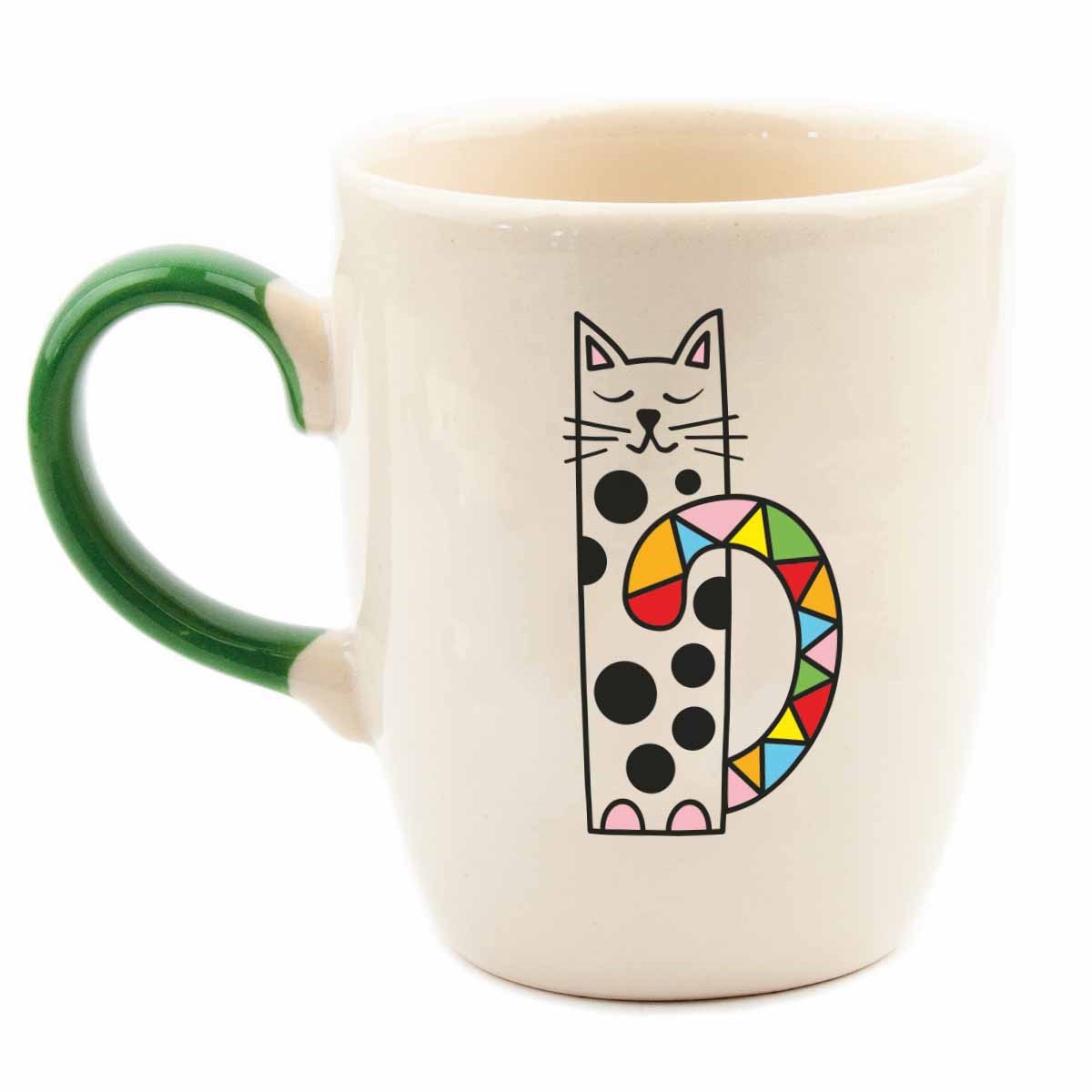 Etnik Kedi Renkli Kulp Krem Parlak Oval Kupa - Hediye Seramik Kupa