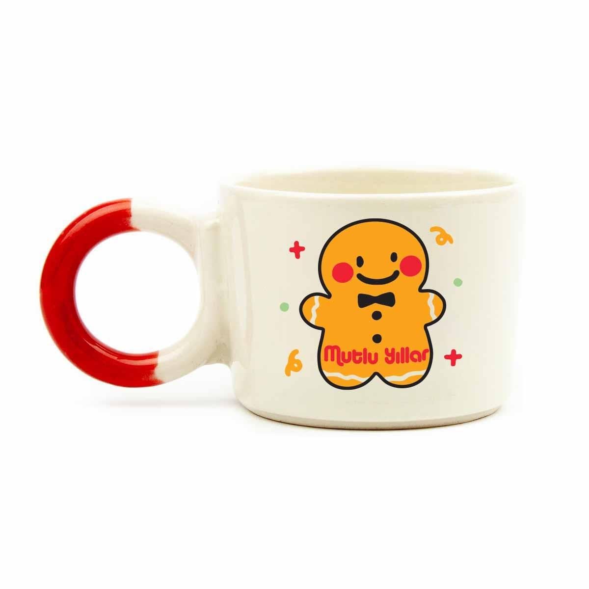 Gingerbread Cookie Krem Parlak Düğüm Kulp Fincan (Kırmızı Kulp) - Hediye Seramik Fincan