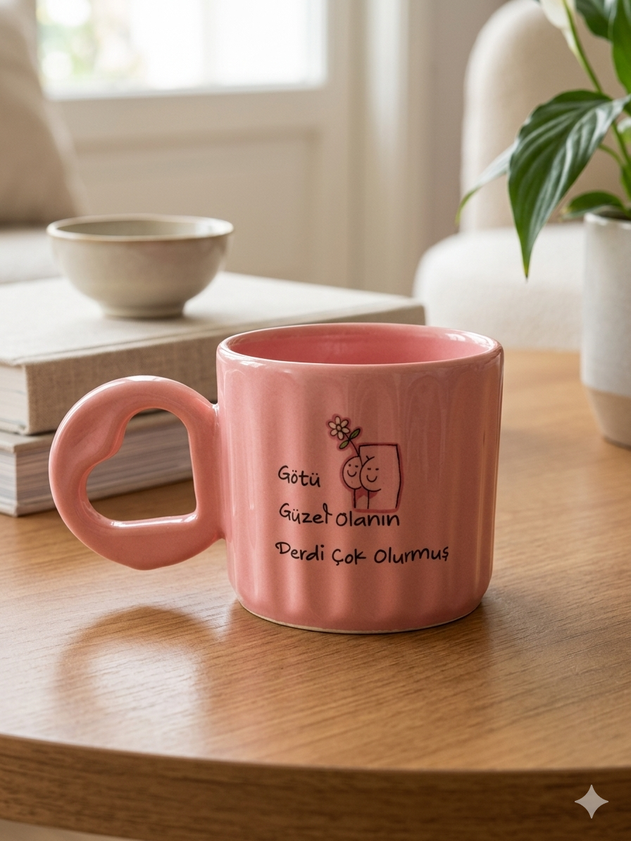 Götü Güzel Olanın Derdi Çok Olurmuş Baskılı El Yapımı Pembe Parlak Eros Kupa - El İşçiliği Hediyelik Kupa Bardak