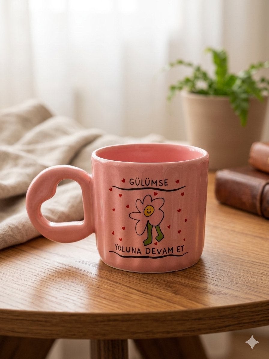 Gülümse, Yoluna Devam Et! Baskılı El Yapımı Pembe Parlak Eros Kupa - El İşçiliği Hediyelik Kupa Bardak