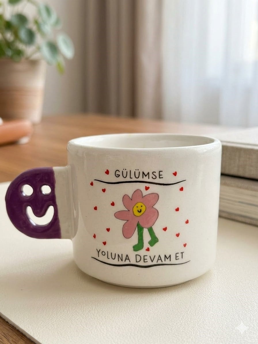 Gülümse, Yoluna Devam Et! El Yapımı Gülen Kulp Kupa - Hediyelik Kupa Fincan Mug