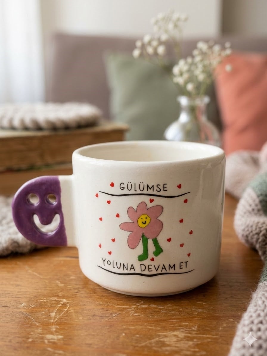 Gülümse, Yoluna Devam Et! El Yapımı Gülen Kulp Kupa - Hediyelik Kupa Fincan Mug