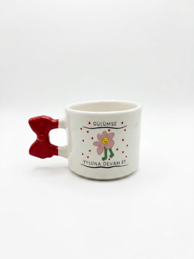 Gülümse Yoluna Devam Et El Yapımı Krem Parlak Kurdele Kulp Kupa - El İşçiliği Hediyelik Kupa Bardak Mug