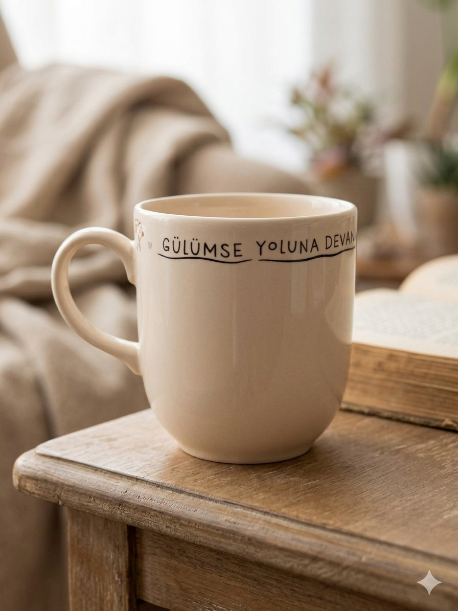 Gülümse, Yoluna Devam Et! Krem Juno Kupa -Hediyelik Kupa Fincan Mug