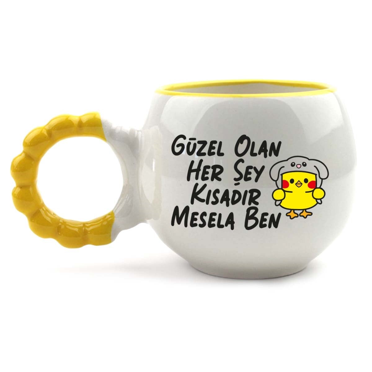 Güzel Olan Her Şey Kısadır, Mesela Ben! El Yapımı Krem Parlak Puf Kupa - El İşçiliği Hediyelik Kupa Bardak Mug
