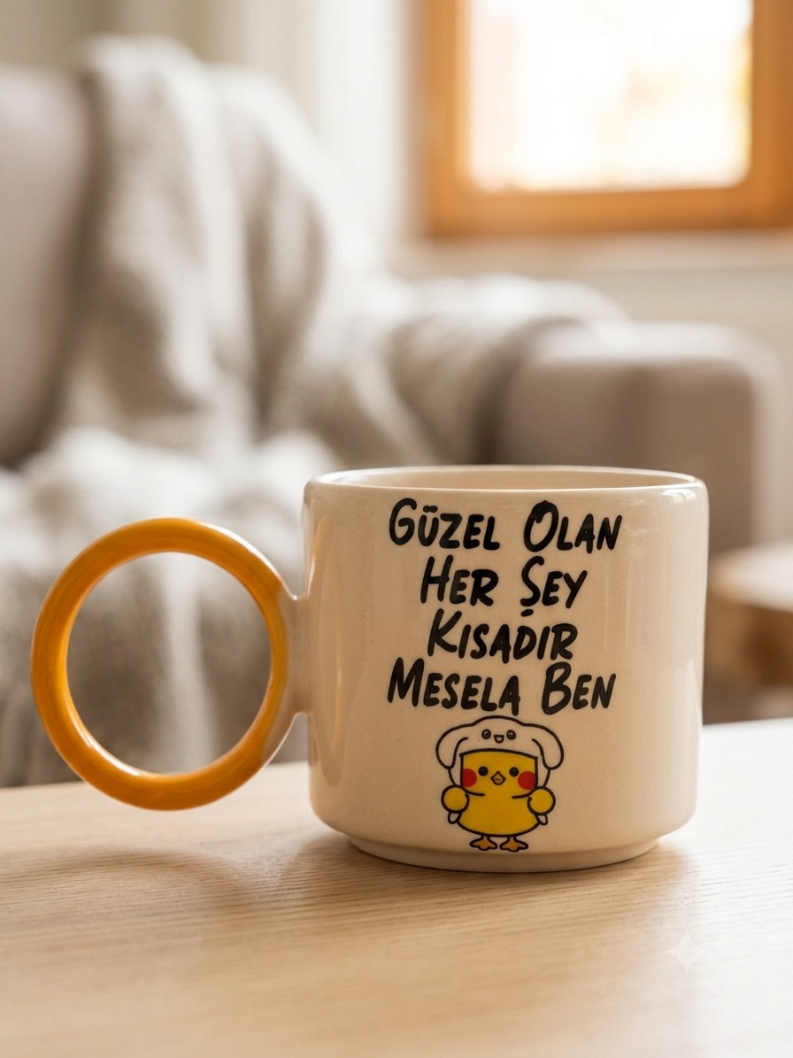 Güzel Olan Her Şey Kısadır, Mesela Ben! El Yapımı Krem Parlak O Kupa (Sarı Kulp) - Hediye Seramik Kupa