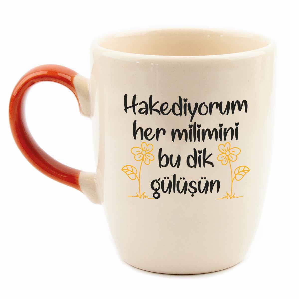 Hakediyorum Her Milimini Bu Dik Gülüşün Renkli Kulp Krem Parlak Oval Kupa - Hediye Seramik Kupa