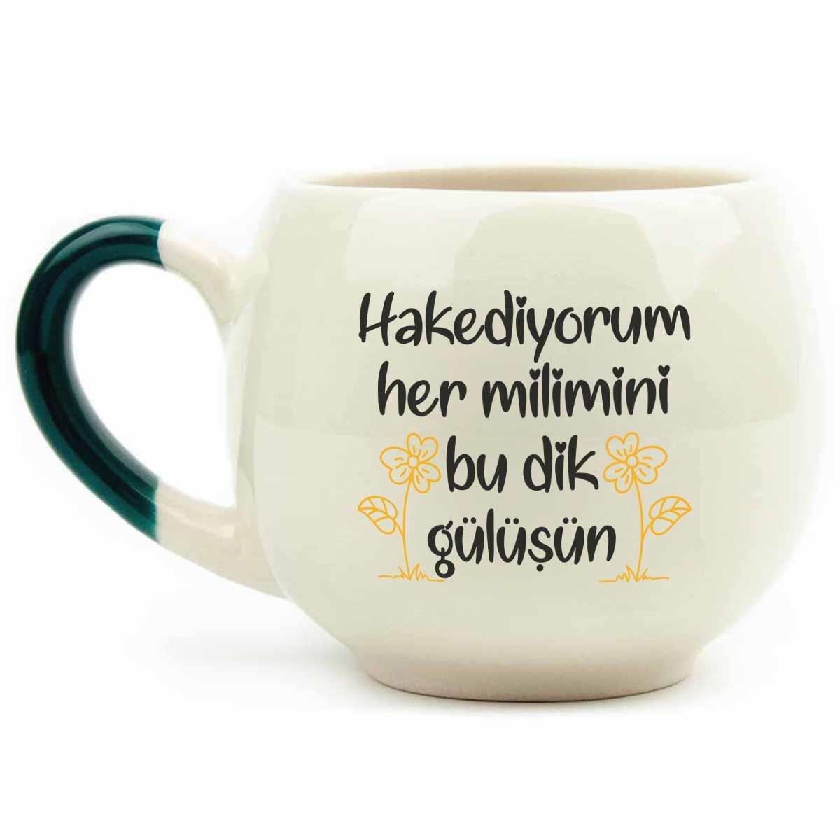 Hakediyorum Her Milimini Bu Dik Gülüşün Krem Parlak Balon Kupa (Yeşil Kulp) - Hediye Seramik Kupa