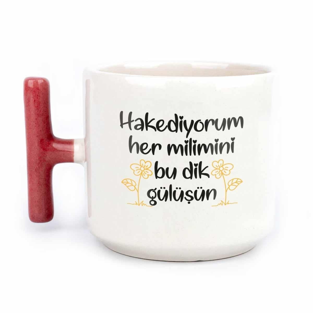 Hakediyorum Her Milimini Bu Dik Gülüşün El Yapımı Krem Parlak Kupa (Kırmızı Kulp) - Hediye Seramik Kupa