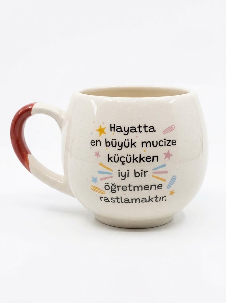 Hayatta En Büyük Mucize Küçükken İyi Bir Öğretmene Rastlamaktır Krem Parlak Balon Kupa - Öğretmenler Günü Hediyelik Kupa