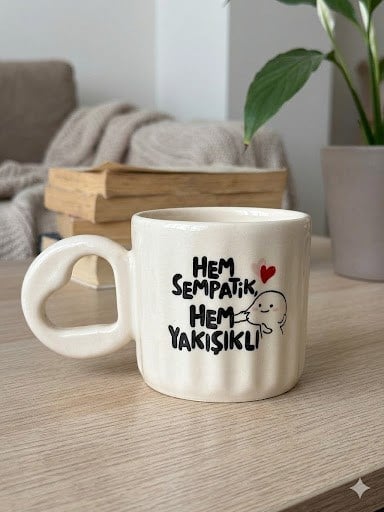 Hem Sempatik Hem Yakışıklı Tasarımlı El Yapımı Krem Parlak Eros Kupa - El İşçiliği Hediyelik Kupa Bardak