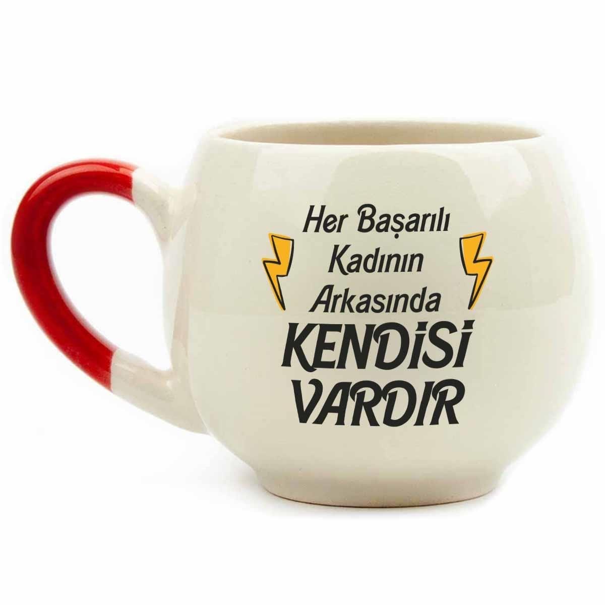 Her Başarılı Kadının Arkasında Kendisi Vardır Krem Parlak Balon Kupa (Kırmızı Kulp) - Hediye Seramik Kupa