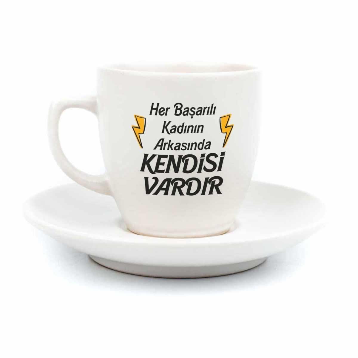 Her Başarılı Kadının Arkasında Kendisi Vardır Krem Türk Kahvesi Fincanı - Hediye Seramik Türk Kahvesi Fincanı