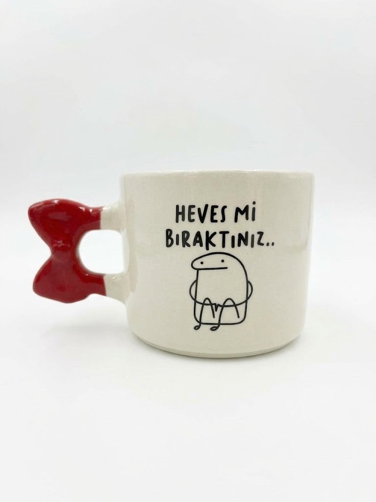 Heves Mi Bıraktınız.. El Yapımı Krem Parlak Kurdele Kulp Kupa - El İşçiliği Hediyelik Kupa Bardak Mug