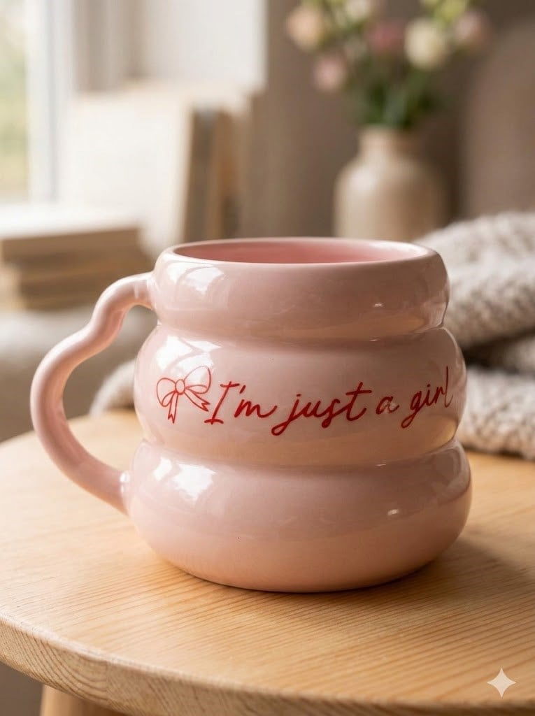 I am Just a Girl! Baskılı El Yapımı Krem Parlak Pembe Bubble Kupa - El İşçiliği Hediyelik Kupa