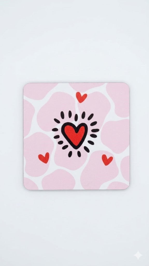 Kırmızı Kalp Tasarım Baskılı Ahşap Bardak Altlığı 