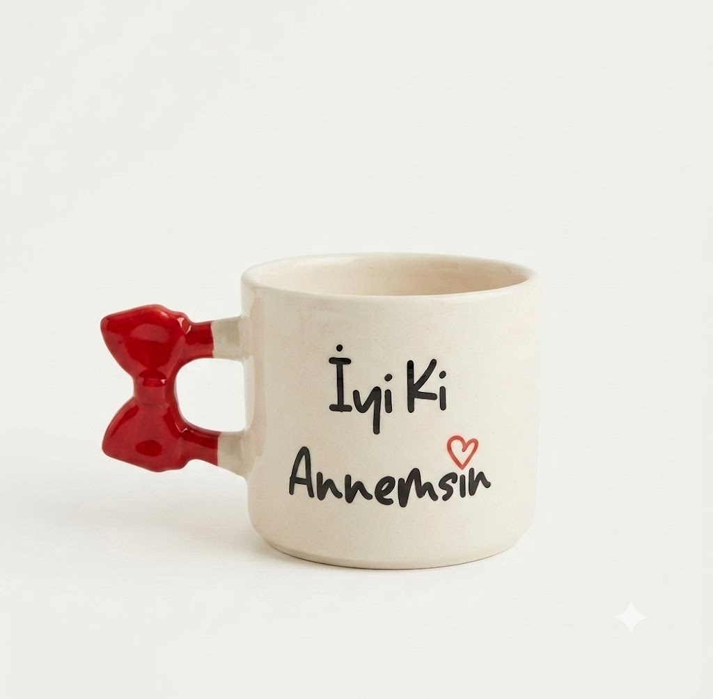 İyi Ki Annemsin El Yapımı Krem Parlak Kurdele Kulp Kupa - El İşçiliği Hediyelik Kupa Bardak Mug