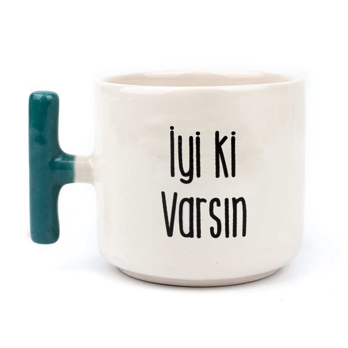 İyi Ki Varsın El Yapımı Krem Parlak Kupa (Yeşil Kulp) - Hediye Seramik Kupa