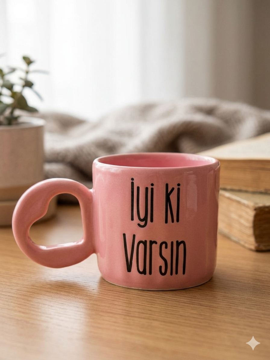 İyi Ki Varsın Tasarımlı El Yapımı Pembe Parlak Eros Kupa - El İşçiliği Hediyelik Kupa Bardak