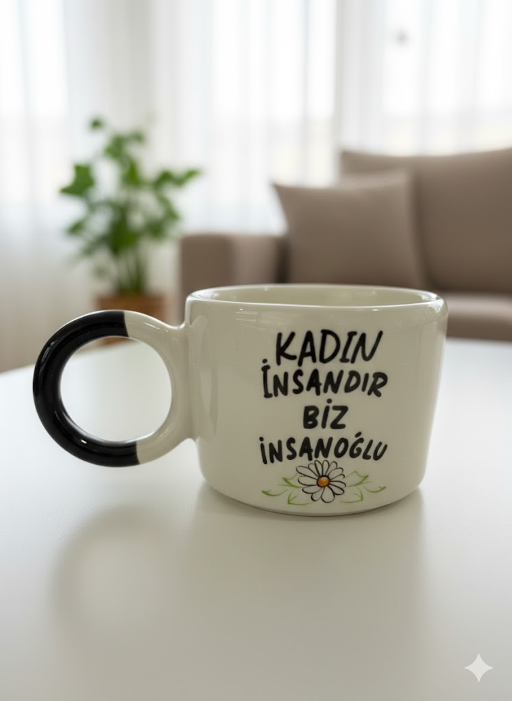Kadın İnsandır Biz İnsanoğlu Krem Parlak Düğüm Kulp Fincan  - Hediye Seramik Fincan