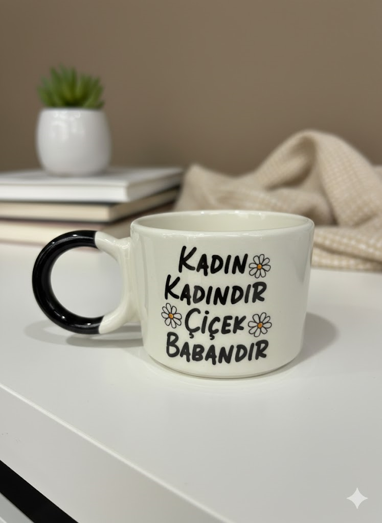 Kadın Kadındır Çiçek Babandır Krem Parlak Düğüm Kulp Fincan  - Hediye Seramik Fincan