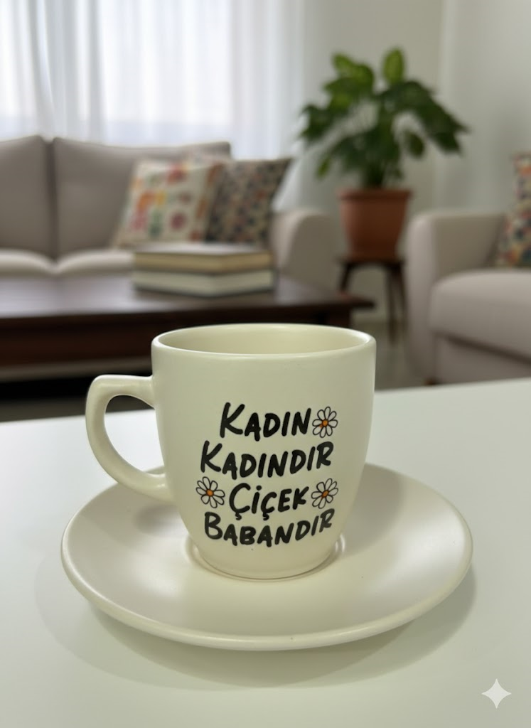 Kadın Kadındır Çiçek Babandır Krem Türk Kahvesi Fincanı - Hediye Seramik Türk Kahvesi Fincanı