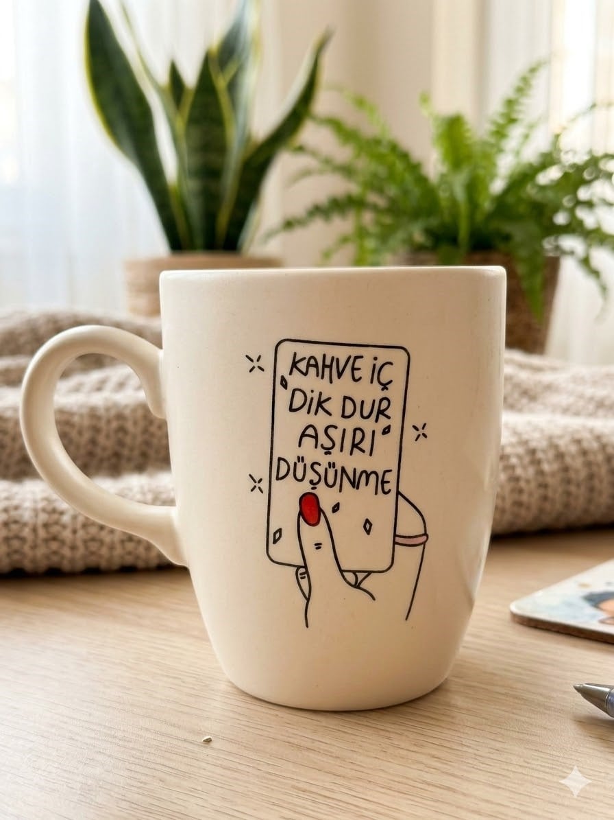 Kahve İç, Dik Dur, Aşırı Düşünme! Krem Oval Kupa - Hediyelik Kupa Fincan Mug