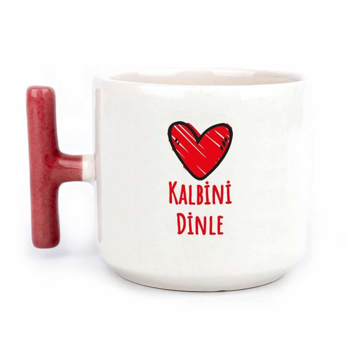 Kalbini Dinle El Yapımı Krem Parlak Kupa (Kırmızı Kulp) - Hediye Seramik Kupa