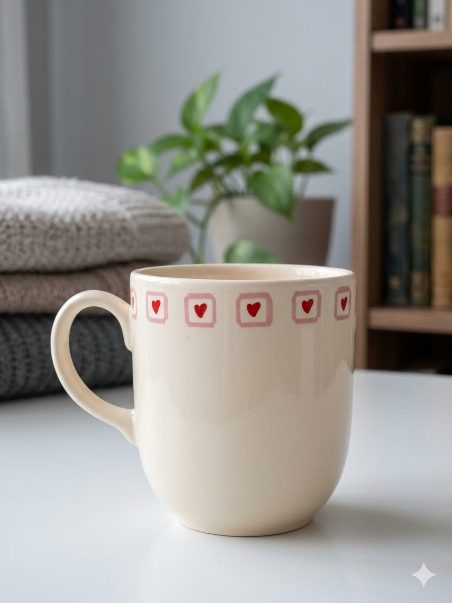 Kalp Kutucuk Krem Juno Kupa -Hediyelik Kupa Fincan Mug