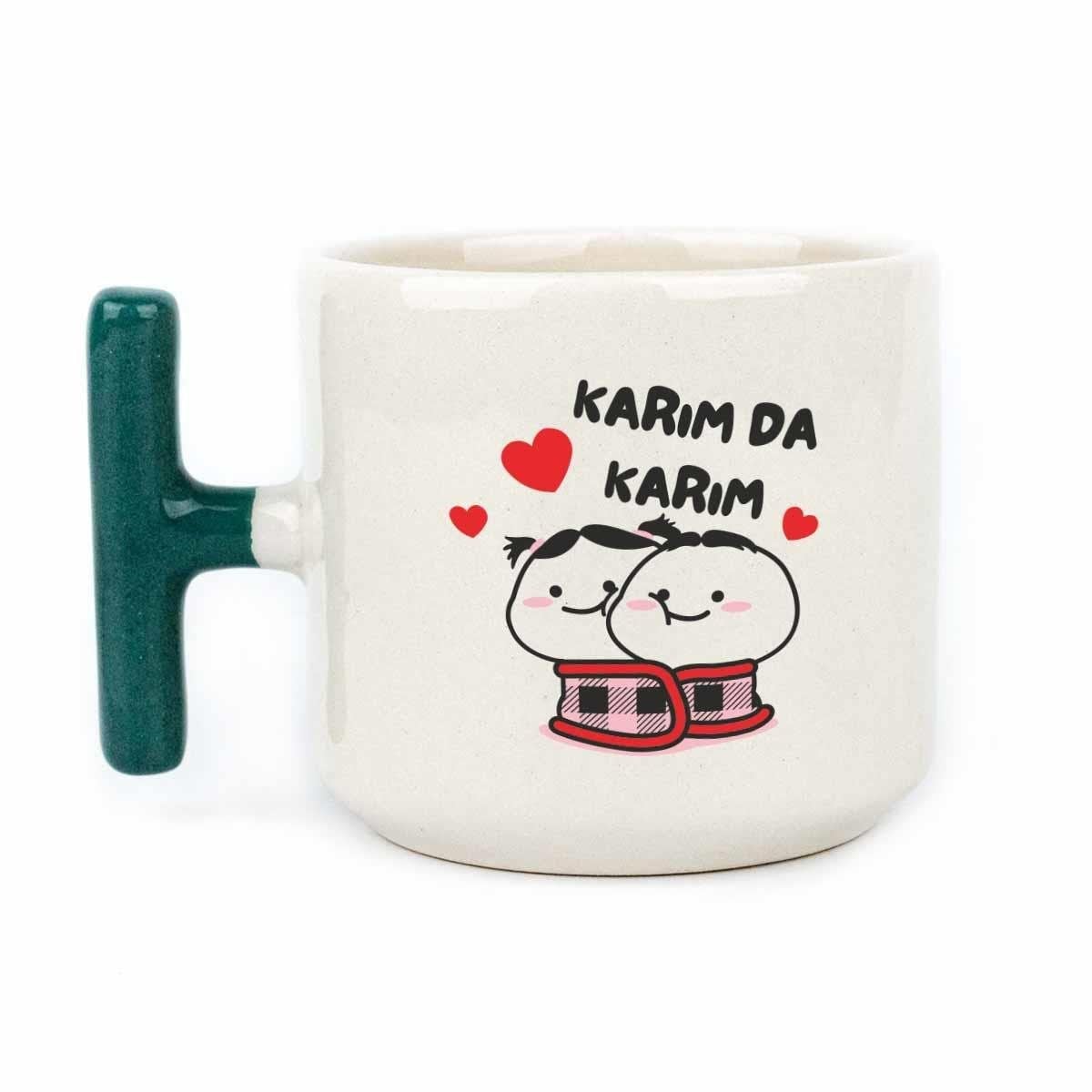 Karım Da Karım El Yapımı Krem Parlak Kupa (Yeşil Kulp) - Hediye Seramik Kupa