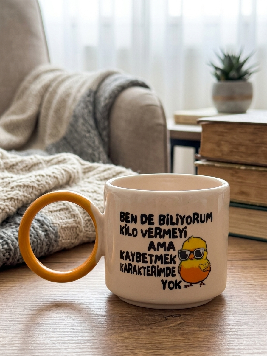 Kaybetmek Karakterimde Yok El Yapımı Krem Parlak O Kupa (Sarı Kulp) - Hediye Seramik Kupa