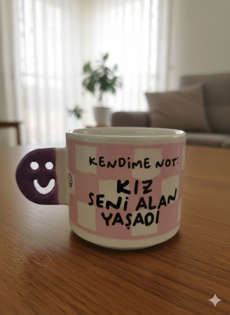 Kendime Not: Kız Seni Alan Yaşadı! El Yapımı Gülen Kulp Kupa - Hediyelik Kupa Fincan Mug