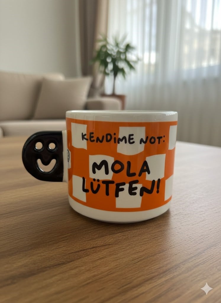 Kendime Not: Mola Lütfen! El Yapımı Gülen Kulp Kupa - Hediyelik Kupa Fincan Mug