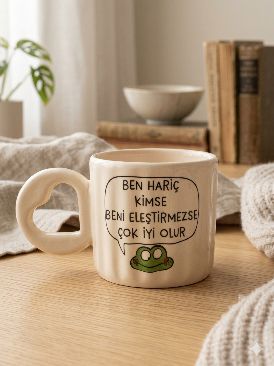 Kimse Beni Eleştirmezse Çok İyi Olur Baskılı El Yapımı Krem Parlak Eros Kupa - El İşçiliği Hediyelik Kupa Bardak